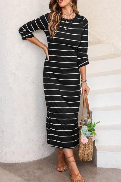 Black Striped Casual Slit Long Dress-Dresses-MomFashion