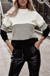 Black Striped Contrast Colorblock Knit Top-Tops-MomFashion