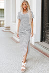 Black Striped Print Side Split Short Sleeve V Neck Maxi Dress-Dresses-MomFashion