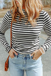 Black Striped Print Textured Knit Long Sleeve Tee-Tops-MomFashion