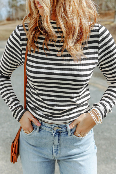 Black Striped Print Textured Knit Long Sleeve Tee-Tops-MomFashion