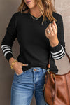 Black Striped Sleeve Plain Knit Sweater-Tops-MomFashion