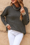 Black Striped Turtleneck Loose Sweater-Tops-MomFashion