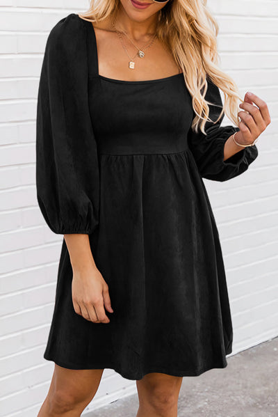 Black Suede Square Neck Puff Sleeve Dress-Dresses-MomFashion