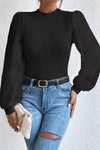 Black Sunflower Mesh Bubble Sleeve Waffle Knit Top-Tops-MomFashion