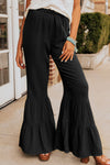 Black Textured High Waist Ruffled Bell Bottom Pants-Bottoms-MomFashion