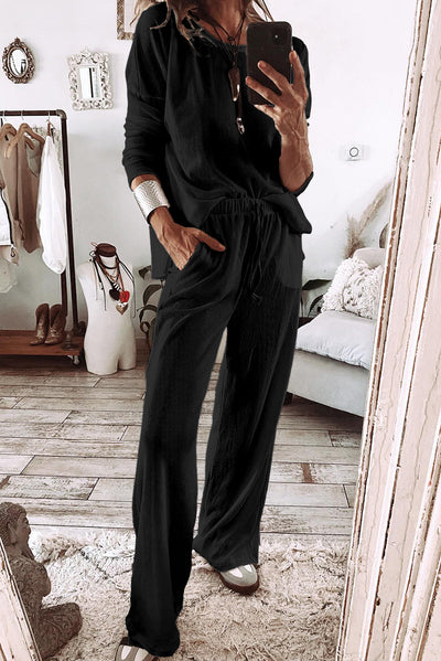 Black Textured Long Sleeve T Shirt and Pants Lounge Set-Loungewear & Sleepwear/Loungewear-MomFashion