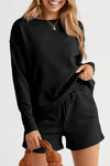Black Textured Long Sleeve Top and Drawstring Shorts Set-Loungewear-MomFashion