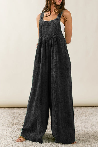 Black Textured Wide Leg Overalls-Bottoms-MomFashion