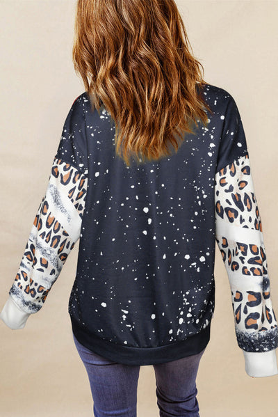 Black Tie Dye Leopard Drop Shoulder Sweatshirt-Tops-MomFashion