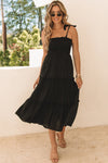 Black Tie Strap Smocked Frill Tiered Midi Dress-Dresses-MomFashion