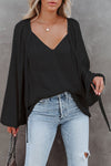 Black Tie V Neck Pleated Puff Sleeve Satin Blouse-Tops-MomFashion