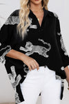 Black Tiger Print 3/4 Sleeve Oversized Shirt-Tops-MomFashion