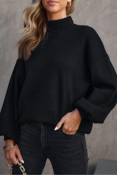 Black Turtleneck Drop Shoulder Bubble Sleeve Knit Sweater-Tops-MomFashion