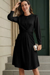 Black Twist Front Tie Back Long Sleeve Satin Dress-Dresses-MomFashion