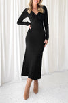 Black Twisted V Neck Ribbed Knit Sweater Dress-Dresses-MomFashion