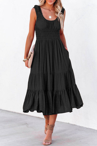 Black U-Neck Sleeveless Ruched Tiered Ruffled Midi Dress-Dresses-MomFashion