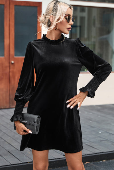 Black Velvet Frill Neck Long Sleeve Shift Dress-Dresses-MomFashion