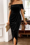 Black Velvet Off Shoulder Pleated Wrap Evening Dress-Dresses-MomFashion