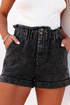 Black Vintage Washed Frilled High Waist Denim Shorts-Bottoms-MomFashion