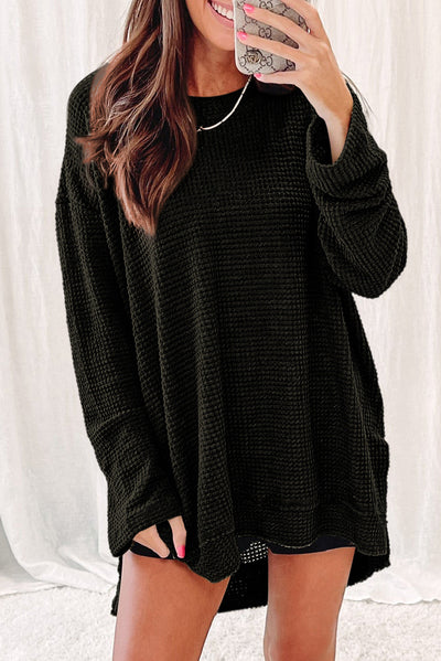 Black Waffle Knit High Slits Oversized Top-Tops-MomFashion