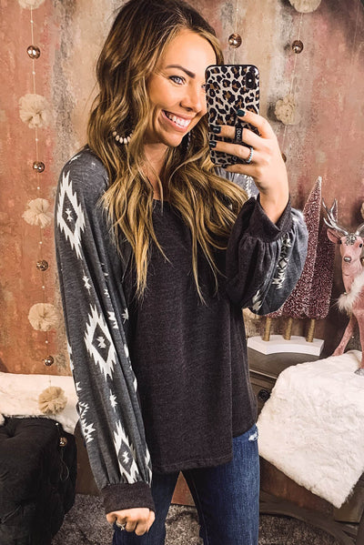 Black Western Print Patch Long Sleeve Top-Tops-MomFashion