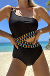 Black Zigzag Accent Cutout One Shoulder Teddy Swimwear-Swimwear-MomFashion