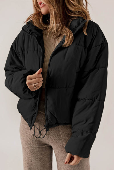 Black Zip Up Drawstring Hem Puffer Coat-Outerwear-MomFashion