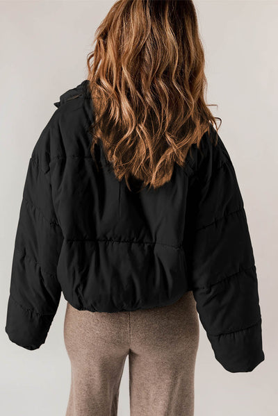 Black Zip Up Drawstring Hem Puffer Coat-Outerwear-MomFashion