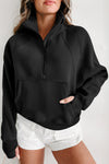 Black Zip Up Stand Collar Ribbed Thumbhole Sleeve Sweatshirt-Tops-MomFashion