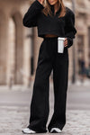 Black Zipped Collared Crop Top and Wide Leg Pants Set-Loungewear-MomFashion