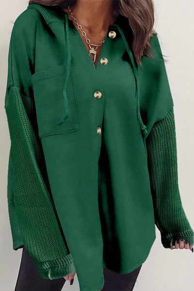 Blackish Green Button Up Contrast Knitted Sleeves Hooded Jacket-Outerwear-MomFashion