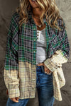 Blackish Green Contrast Plaid Patchwork Chest Pocket Button up Shacket-Outerwear-MomFashion