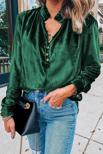 Blackish Green Frilled Neck Buttoned Front Velvet Top-Tops-MomFashion