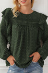 Blackish Green Lace Eyelet Ruffle Shoulder Long Sleeve Blouse-Tops-MomFashion