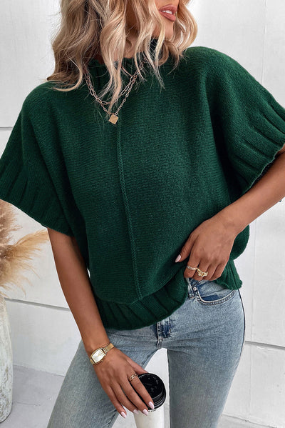 Blackish Green Mock Neck Batwing Short Sleeve Knit Sweater-Tops-MomFashion