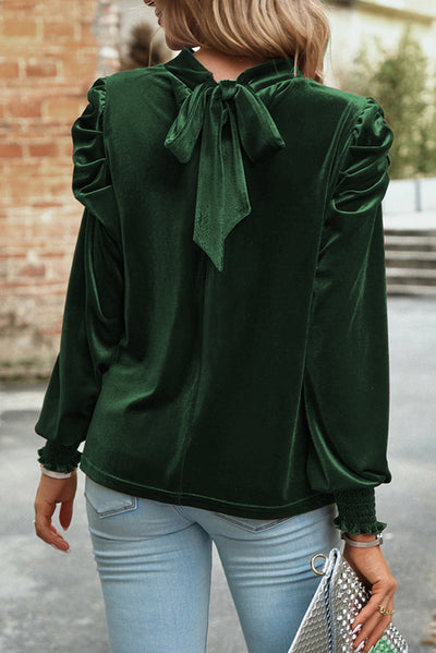 Blackish Green Mock Neck Puff Sleeve Velvet Blouse-Tops-MomFashion