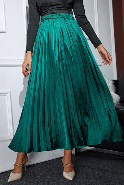 Blackish Green Satin Elastic Waist Pleated Maxi Skirt-Bottoms-MomFashion