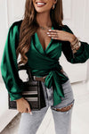 Blackish Green Satin Surplice V Neck Knot Blouse-Tops-MomFashion