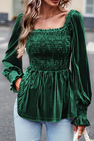 Blackish Green Smocked Ribbed Velvet Babydoll Top-Tops-MomFashion