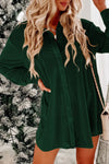 Blackish Green Velvet Button Front Shirt Mini Dress-Dresses-MomFashion