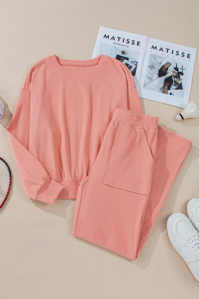 Blossom Ribbed Knit Drop Shoulder Pocketed Two Piece Lounge Set-Two Piece Sets/Pant Sets-MomFashion