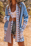 Blue Aztec Print Open Front Knitted Cardigan-Tops-MomFashion