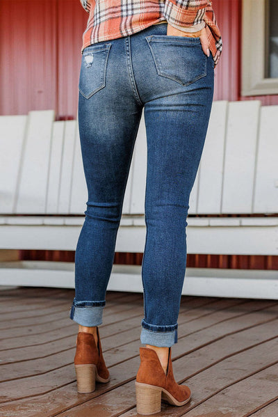 Blue Distressed Button Fly High Waist Skinny Jeans-Bottoms-MomFashion