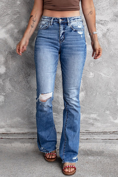 Blue Distressed Flare Jeans-Bottoms-MomFashion