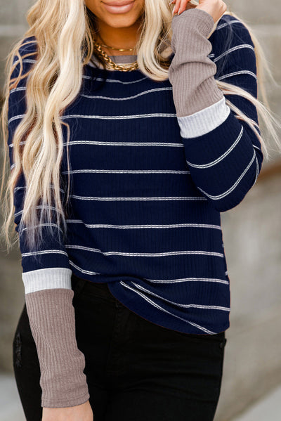 Blue Extend Color Block Cuffs Rib Knit Striped Pullover-Tops-MomFashion