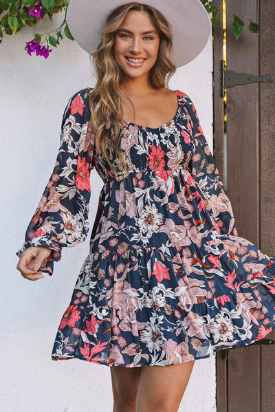 Blue Floral Tiered Long Puff Sleeve Mini Dress-Dresses-MomFashion