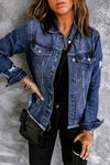 Blue Lapel Distressed Raw Hem Buttons Denim Jacket-Outerwear-MomFashion