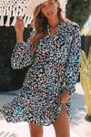 Blue Leopard Print Bubble Sleeve Ruffled Shirt Dress-Dresses-MomFashion