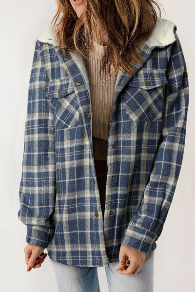 Blue Plaid Pattern Sherpa Lined Hooded Shacket-Outerwear-MomFashion